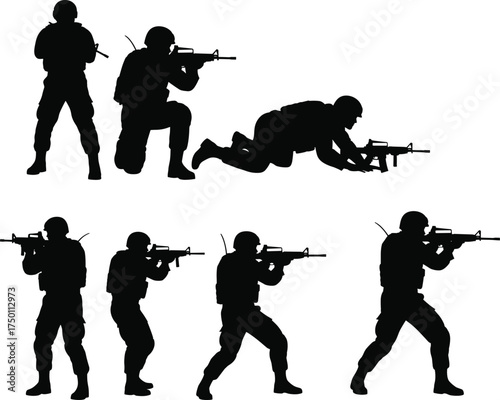 Silhouettes of soldiers with rifles in different combat positions, standing, kneeling, crawling, tactical military poses, defense, security, armed forces vector illustration
