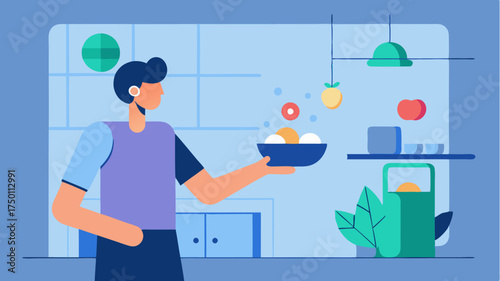 An illustration of a user interacting with an augmented reality feature that overlays nutrition information on foods in their kitchen.