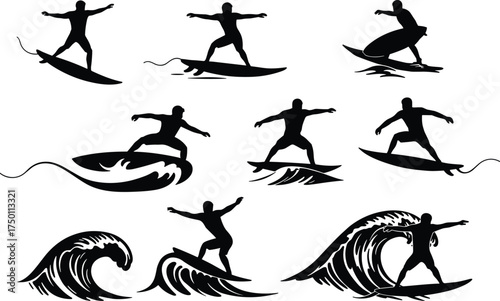 Surfing silhouettes with wave forms, water sport vector, black icons, dynamic board poses, barrel and crest scenes, aquatic adventure, beach culture concept