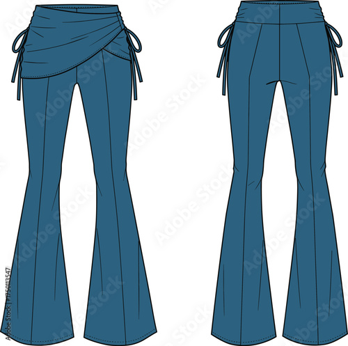 Trendy women wrap pants with side tie detail and flared legs, stylish high waist trousers, modern fashion clothing CAD vector template illustration