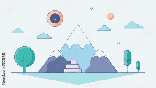 A minimalist guidance page displaying a tranquil mountain landscape overlayed with stepbystep mindfulness instructions and icons for audio and video support.