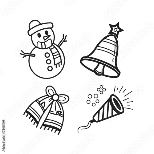 Hand drawn christmas icons set featuring snowman bell and christmas tree decorations isolated on transparent background