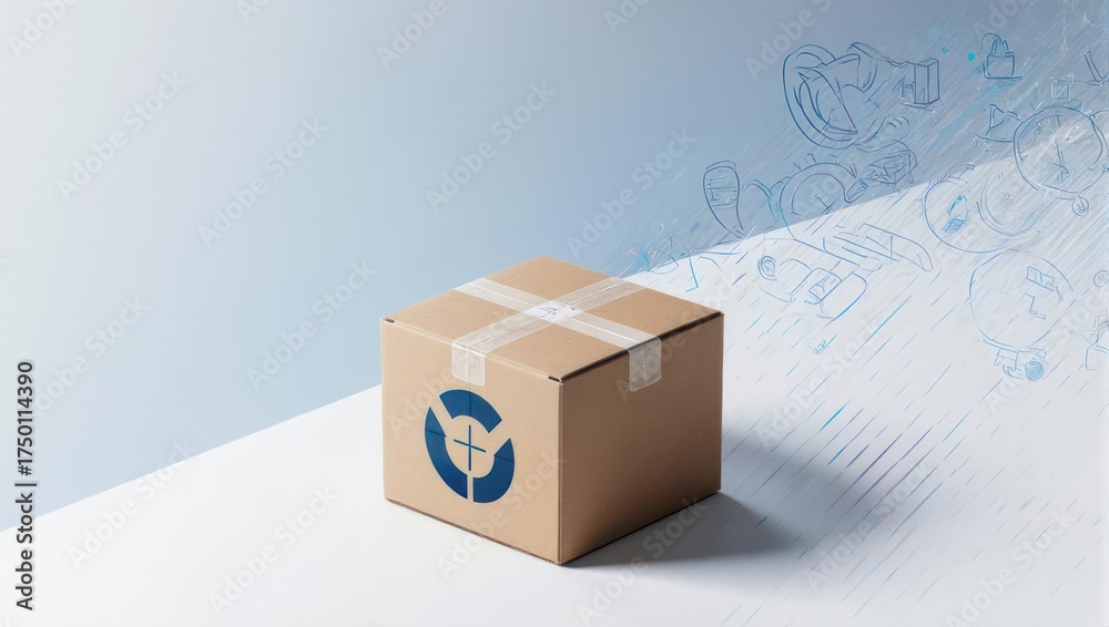 Fototapeta premium Brown cardboard box on a white surface against a light blue background with abstract graphics