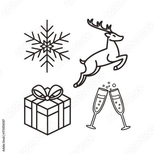 Christmas holiday icons set snowflake reindeer gift champagne flutes simple outline art isolated on transparent background
