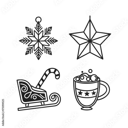 Festive christmas icons snowflake star sleigh mug line art decorative elements isolated on transparent background