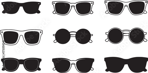 Assortment of Black Silhouette Sunglasses Styles on White Background eyewear shades on white background also transparent background