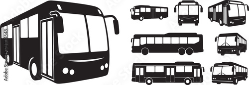 Assortment of Black Silhouette City Buses in Multiple Perspectives Keywords: bus, silhouette, city bus, public transport, transportation, vehicle, on white background also transparent background