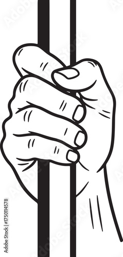 Black and White Illustration of a Hand Gripping Prison Bars jail on white background also transparent background