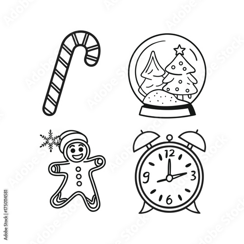 Festive christmas icons gingerbread man candy cane snow globe alarm clock isolated on transparent background