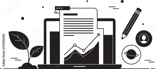 Black and white illustration of a laptop displaying a financial graph with a growing trend line next to a plant and pencil on white background also transparent background