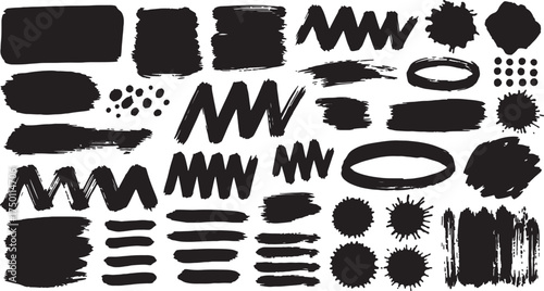 Collection of Black Ink Brush Strokes and Splatter Textures Keywords: brush stroke, ink, splatter, texture, abstract, grunge, paint, stain, splash, on white background also transparent background