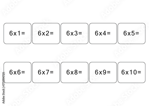 Multiplication and division table of 6. Maths card with an example, drawing. Multiplication Square, vector illustration. Printed products, banner, table for children, schoolchildren. School education.