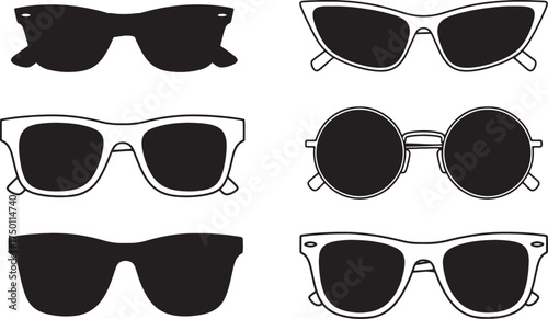 Collection of Six Stylized Sunglasses Silhouettes on a White Background eyewear shades on white background also transparent background
