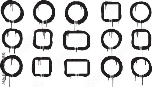 Graffiti Style Drip Frames and Shapes Set Black Ink Isolated on White Background circle on white background also transparent background