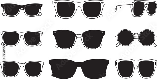 Grid of nine different styles of sunglasses in black silhouette on a white background eyewear shades on white background also transparent background