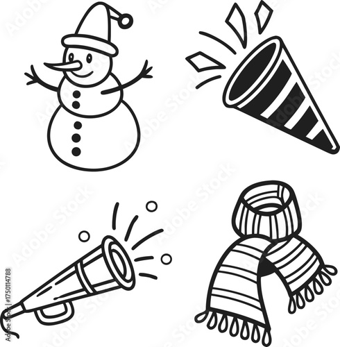Festive winter holidays collection featuring snowman carrot scarf and sleigh icons isolated on transparent background