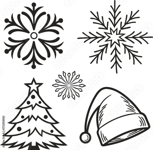 Winter holiday icons christmas tree snowflake santa hat seamless pattern festive elements isolated on transparent background