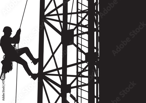 Silhouette of a person rappelling down a metal tower structure climber industrial on white background also transparent background