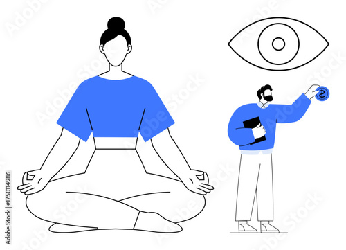 Person meditating in lotus pose, an insightful eye graphic, and another figure studying with notes. Ideal for mindfulness, self-awareness, vision, focus, learning balance calm. Simple flat metaphor