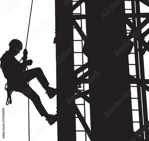 Silhouette of a person rappelling down a tall industrial structure climbing on white background also transparent background