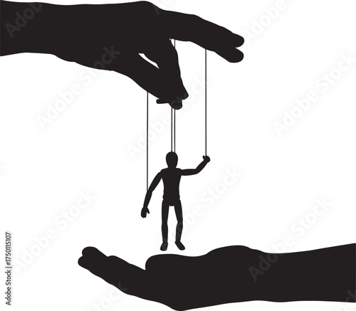 Silhouette of hands controlling a puppet with strings, one hand raised, symbolizing control manipulation on white background also transparent background