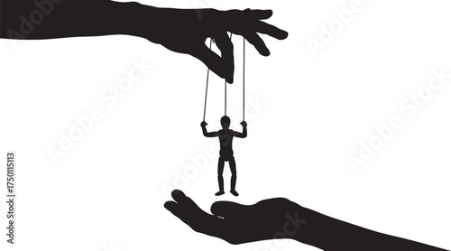 Silhouette of hands controlling a puppet with strings, symbolizing manipulation vector illustration on white background also transparent background