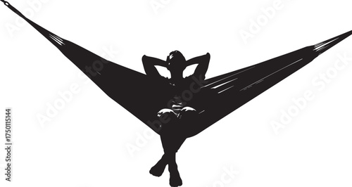 Silhouette of Person Relaxing in Hammock Keywords: silhouette, person, relaxing, hammock, lying, resting, leisure, vacation, travel, summer, outdoors, on white background also transparent background