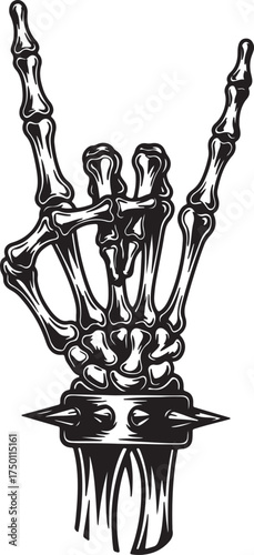 Skeleton Hand Making Rock and Roll Sign with Spiked Bracelet bones heavy metal on white background also transparent background