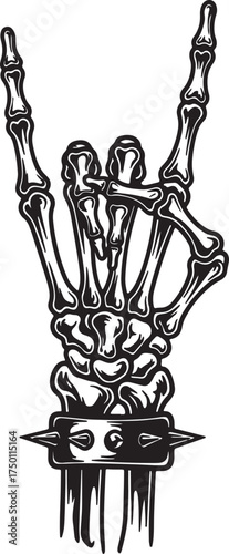 Skeleton Hand Making Rock On Gesture with Spiked Bracelet bones metal on white background also transparent background