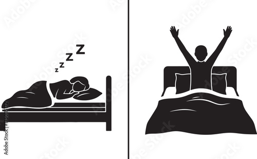 Split image showing a person sleeping soundly and then waking up refreshed with arms raised awake on white background also transparent background