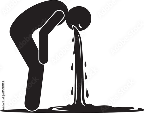 Stick figure vomiting liquid onto the ground on a white background sick nausea on white background also transparent background