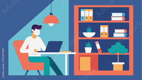 A splitscreen illustration showcasing a person working remotely on a laptop in a cafe on one side and at a home office with shelves filled with books on the other.