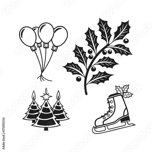 Festive holiday elements decorative christmas tree holly ice skate balloon icons isolated on transparent background