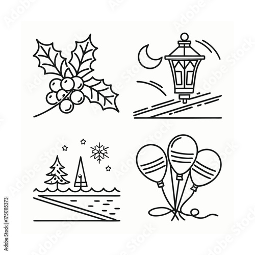 Four festive holiday icons including holly lantern snowman balloons and christmas tree symbols isolated on transparent background