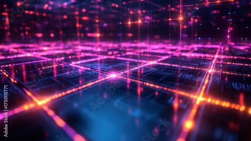 Abstract Neon Grid Tunnel Background Technology Digital Space Backdrop Visualization
