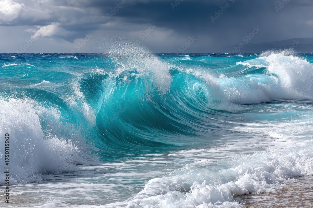 Obraz premium Turquoise Ocean Waves Crashing Under Stormy Sky