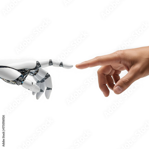 Human and robot hands reaching to touch symbolizing future connection, innovation, and artificial intelligence collaboration.
