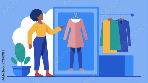 A virtual fitting room where a person tries on clothes digitally showcasing the technological aspect of online apparel shopping.