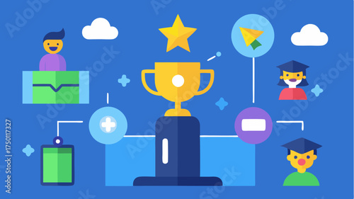 A scene illustrating gamified learning where students earn points and rewards for completing online tasks surrounded by engaging gamestyle visuals.