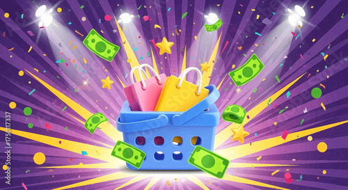 E-commerce marketing concept illustration of a shopping basket with cash for a retail sale discount special offer