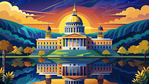 Very beautiful West Virginia State Capitol building, vector-style illustration with domed architecture, river reflections, and golden-hour glow.
