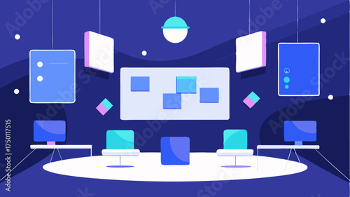A sleek digital networking space with a modern aesthetic featuring floating screens and digital whiteboards filled with collaborative brainstorming notes and charts.