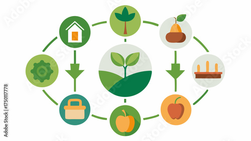A flowchart illustrating the benefits of organic farming ods featuring icons of healthy soil crop diversity and reduced pesticide use.