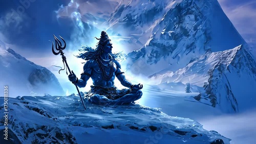 A digital painting of shiva in battle pose with blue flames and lightning around, fantasy mythic art, dark stormy sky