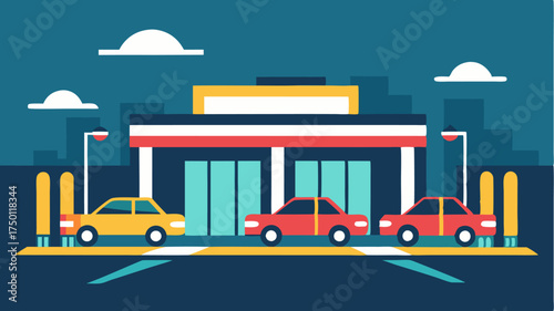 A quickservice drivethru lane with cars lined up illuminated by bright signage and a cheerful atmosphere emphasizing efficiency and convenience.