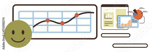 happy face alongside graphs, charts, and reports depicting upward trends and analytics. Ideal for business, marketing, progress, positive results, reports analysis growth. Simple flat metaphor