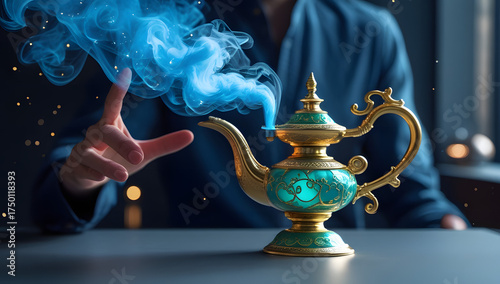 Mysterious genie lamp emitting blue smoke and light