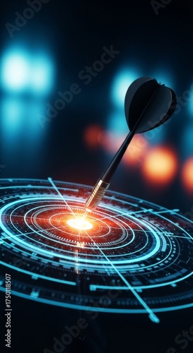 Futuristic dartboard with glowing target and dart in sci-fi setting