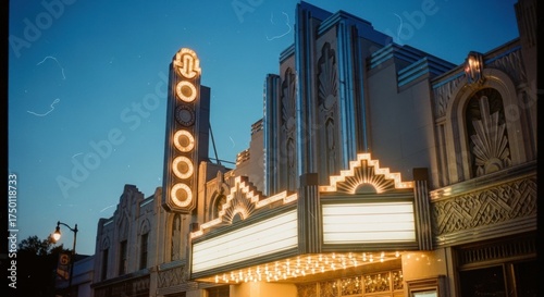 Art Deco Theater Marquee Illuminated Against Twilight Sky with Vintage Film Grain