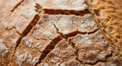 Artisan Sourdough Bread Crust: Golden-Brown, Flour-Dusted, Deeply Scored Macro Texture